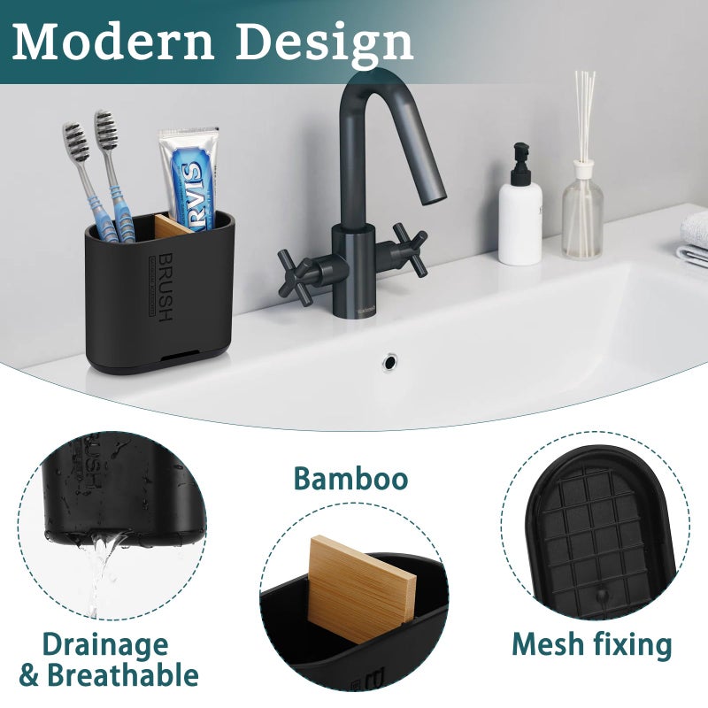 Chintu Toothbrush and Toothpaste Holder with Bamboo Divider for Bathroom Countertop Organizer, Detachable for Easy Clean, 2 Slots Electric Toothbrush Holders Storage Caddy Drainage for Family-Black - Image 3
