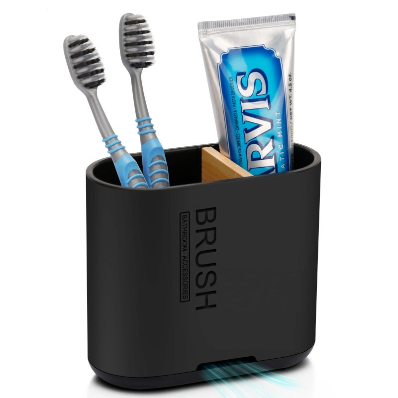 Chintu Toothbrush and Toothpaste Holder with Bamboo Divider for Bathroom Countertop Organizer, Detachable for Easy Clean, 2 Slots Electric Toothbrush Holders Storage Caddy Drainage for Family-Black - Image 1
