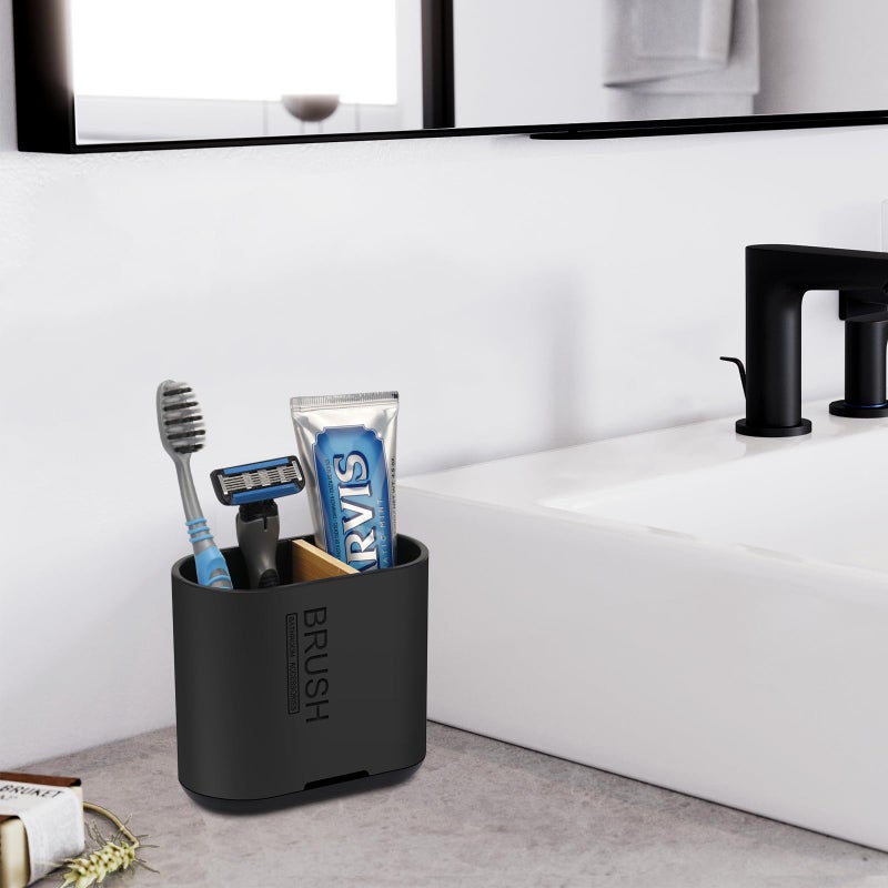 Chintu Toothbrush and Toothpaste Holder with Bamboo Divider for Bathroom Countertop Organizer, Detachable for Easy Clean, 2 Slots Electric Toothbrush Holders Storage Caddy Drainage for Family-Black - Image 2