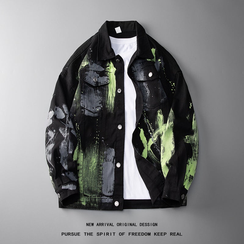 Long-Sleeved Loose Denim Jacket Men'S Jacquard Jacket Spliced Denim Jacket Men'S Black White Denim Jacket - Image 3