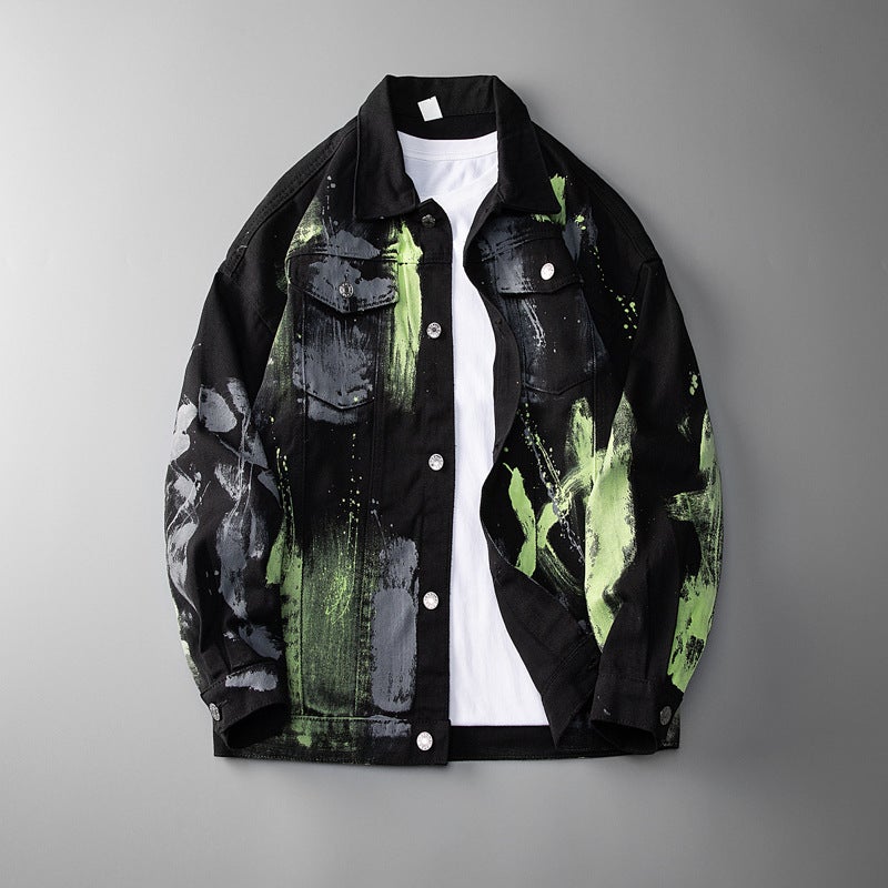 Long-Sleeved Loose Denim Jacket Men'S Jacquard Jacket Spliced Denim Jacket Men'S Black White Denim Jacket - Image 4
