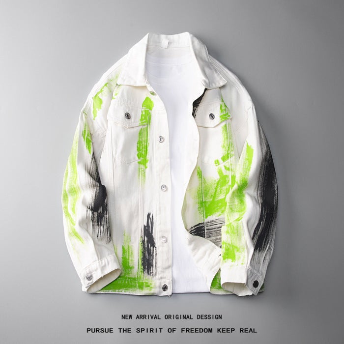 Long-Sleeved Loose Denim Jacket Men'S Jacquard Jacket Spliced Denim Jacket Men'S Black White Denim Jacket - Image 1