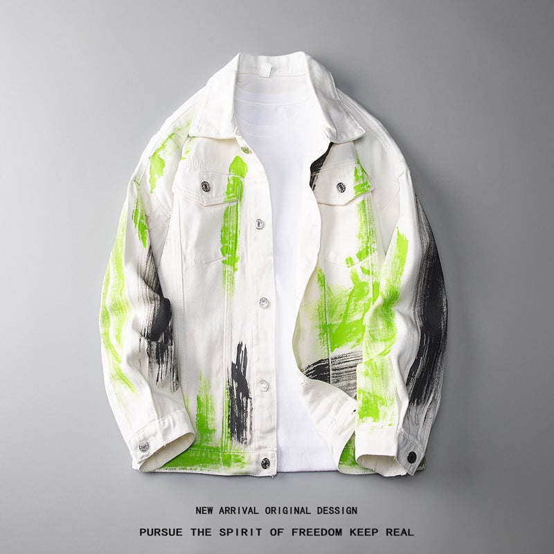 Long-Sleeved Loose Denim Jacket Men'S Jacquard Jacket Spliced Denim Jacket Men'S Black White Denim Jacket - Image 5
