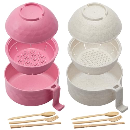 Romooa 2 Sets Microwave Ramen Cooker Bowl Set 33 oz Quick Ramen Cooker with Handles Ramen Noodle Cooker with Spoon - Image 2