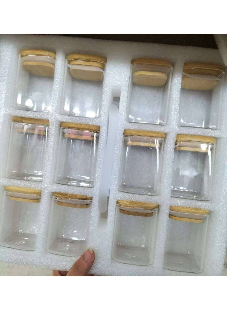 طقم توابل زجاج مربع بغطاء خشب بامبو 12 برطمان سعه 200 مل - Image 2