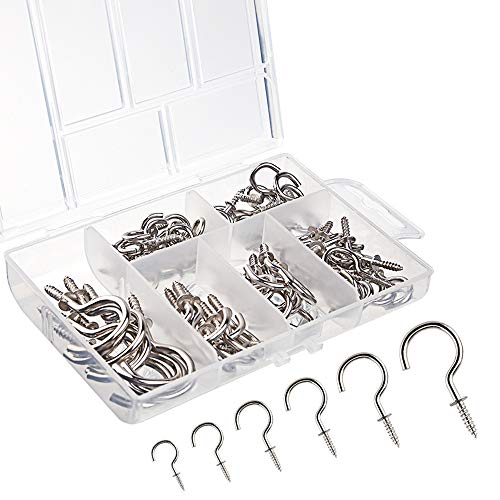 KUUQA 75 Pcs Multi-Size Nickel Plated Metal Ceiling Hooks Screw Cup Hook Holder (Silver) - Image 1