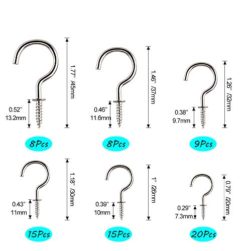 KUUQA 75 Pcs Multi-Size Nickel Plated Metal Ceiling Hooks Screw Cup Hook Holder (Silver) - Image 2