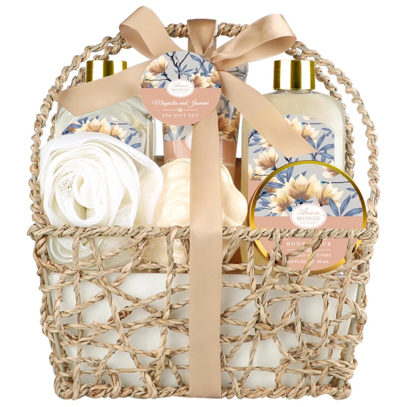 ArioseMonde سلة هدايا سبا منزلية، مجموعة سبا استحمام للنساء، مع لوشن للجسم، جل استحمام، حمام فقاعات، مقشر للجسم، ملح استحمام، قنبلة استحمام، مجموعة هدايا استحمام للأم، الزوجة، لها، مع رائحة الماغنوليا والياسمين - Image 1