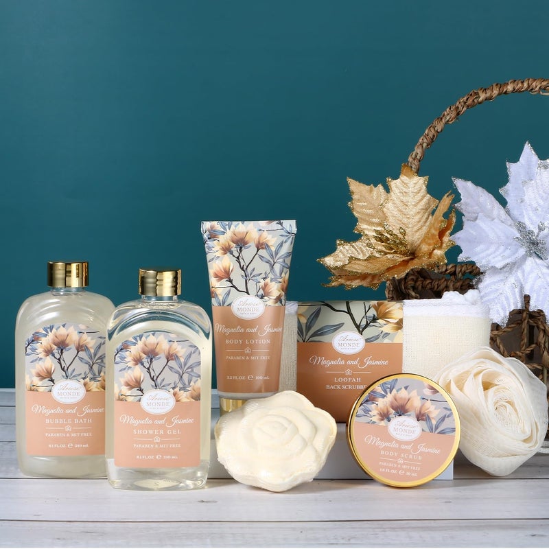 ArioseMonde سلة هدايا سبا منزلية، مجموعة سبا استحمام للنساء، مع لوشن للجسم، جل استحمام، حمام فقاعات، مقشر للجسم، ملح استحمام، قنبلة استحمام، مجموعة هدايا استحمام للأم، الزوجة، لها، مع رائحة الماغنوليا والياسمين - Image 5