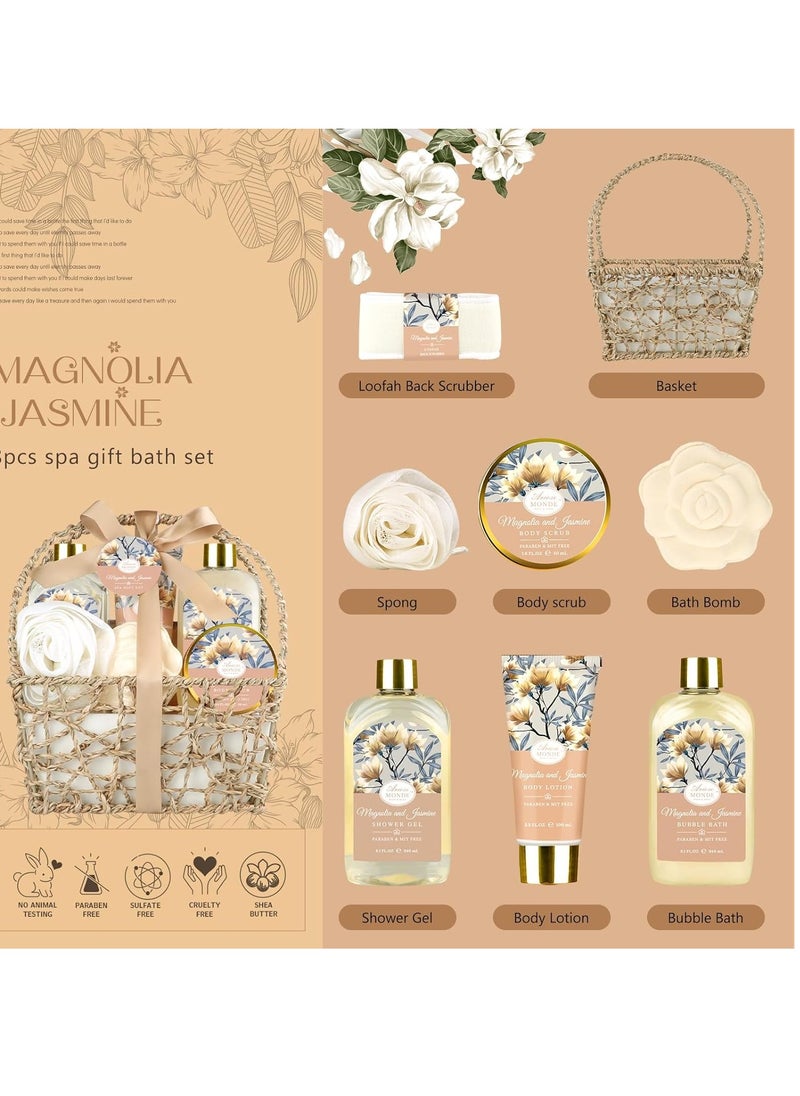 ArioseMonde Home Spa Gift Basket, Bath Spa Kit for Women, with Body Lotion, Shower Gel, Bubble Bath, Body Scrub, Bath Salt, Bath Bomb, Bath Gift Set for Mother, Wife Her, with Magnolia and Jasmine Scent  - Image 2
