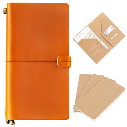 Ox Knight Refillable Leather Travelers Notebook, 8.6 x 4.9 Standard Size Travel Diary for Men and Women, Genuine Leather Travel Journal with 3 Notebook Inserts for Writing, Sketching & Planning, Light Brown - Image 1