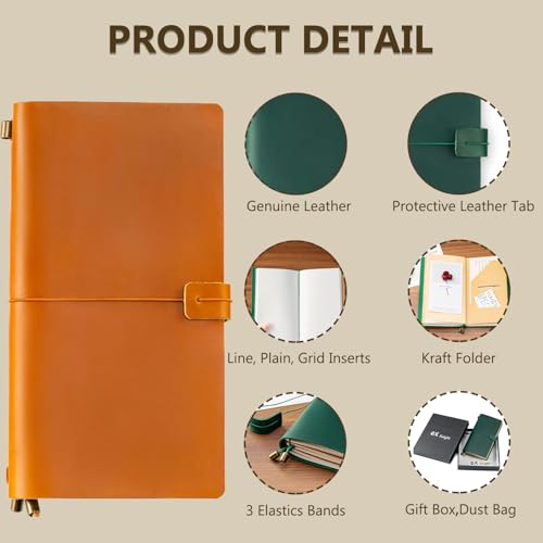 Ox Knight Refillable Leather Travelers Notebook, 8.6 x 4.9 Standard Size Travel Diary for Men and Women, Genuine Leather Travel Journal with 3 Notebook Inserts for Writing, Sketching & Planning, Light Brown - Image 3