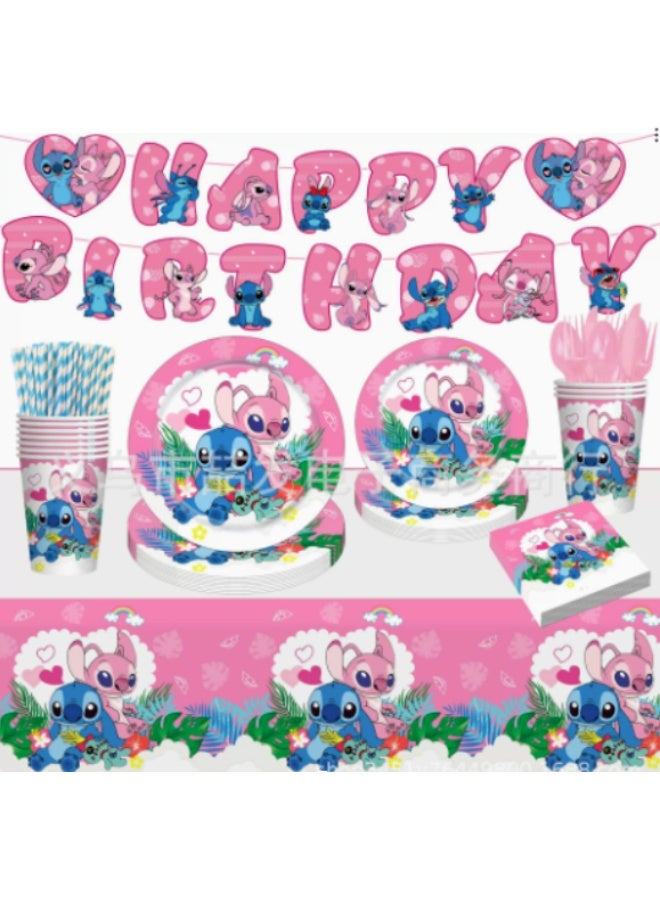 Kidzilla 92 PCS Angel & Stitch Birthday Party Supplies Kit for Girls – Pink Cartoon Theme Party Decorations Set with Plates, Cups, Napkins, Banner, Tablecloth, Straws & Cutlery - Image 1