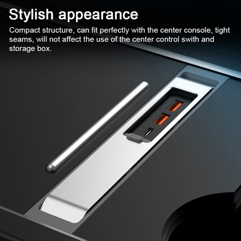 مجمع USB 3 في 1 فضي مصنوع من مواد ABS PC عالية الجودة - مجمع USB لمركز القيادة مع شحن سريع 27 واط لسيارة تيسلا الموديل 3 والموديل Y - Image 2