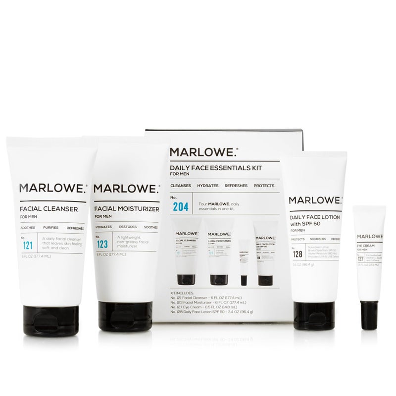 MARLOWE Mens Skin Care Set No 204 Daily Essential Face Kit No 121 Facial Cleanser No 123 Facial Moisturizer No 127 Eye Cream No 128 Daily Face Lotion with SPF 50 Great Gift for Men