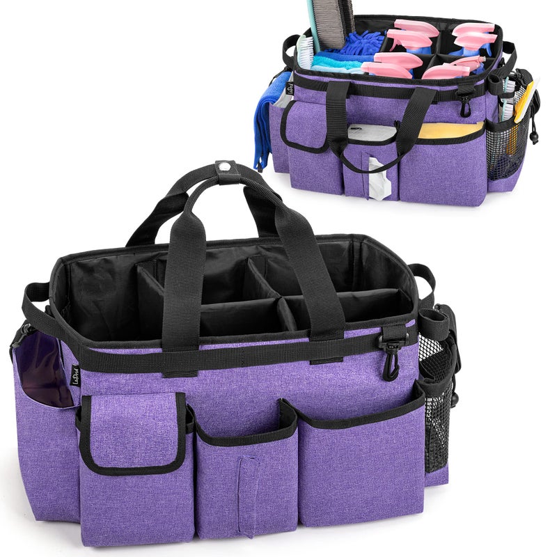 LoDrid Large Wearable Cleaning Caddy Bag with Detachable Divider Cleaning Supply Tote Organizer with Handles and Adjustable Shoulder Strap for Cleaners  Housekeepers Purple