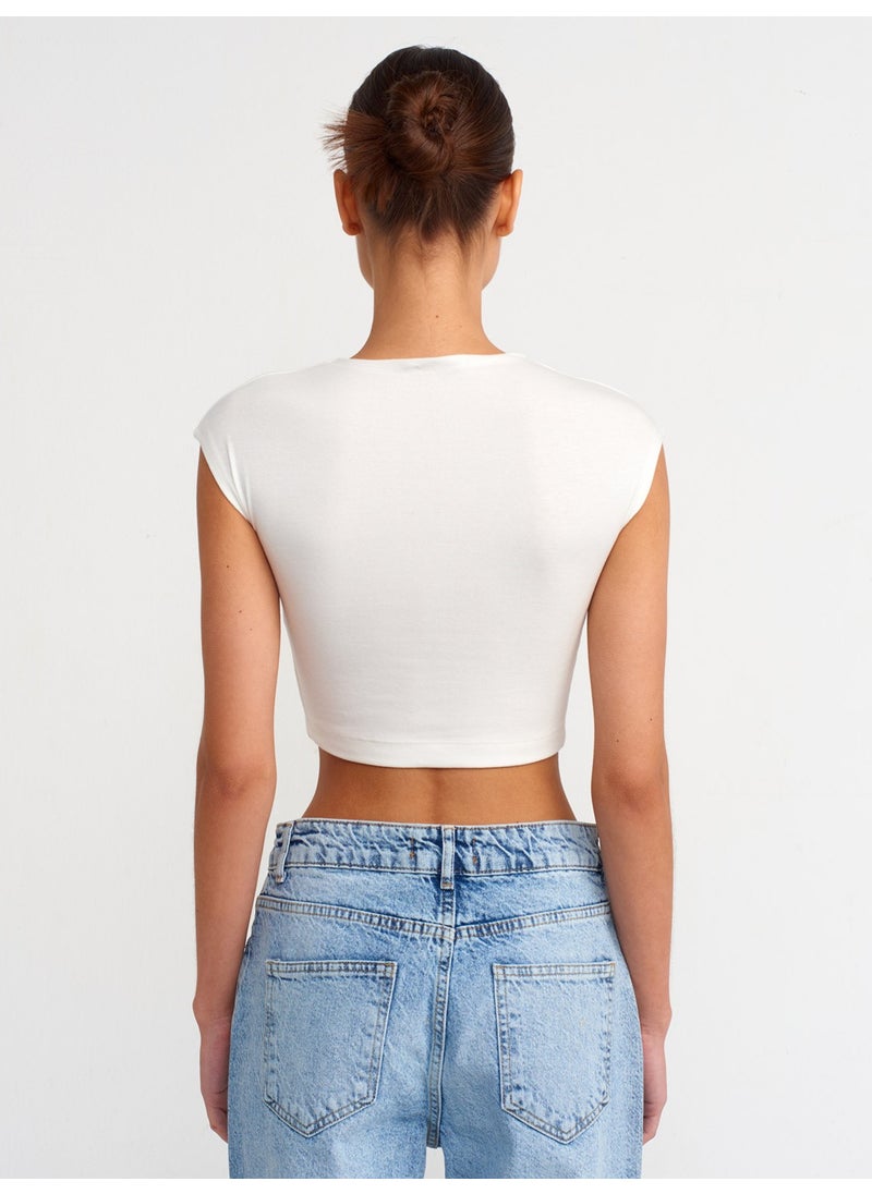 Dilvin 30528 Cotton and Modal Blend Crop Top-Ecru  - Image 2