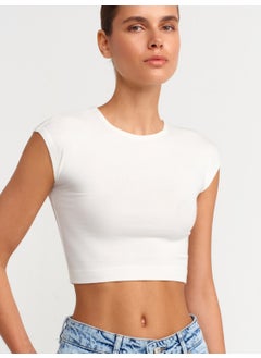Dilvin 30528 Cotton and Modal Blend Crop Top-Ecru  - Image 4
