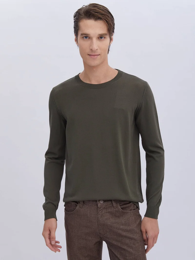 Kip Khaki Crew Neck Plain Knit Sweater