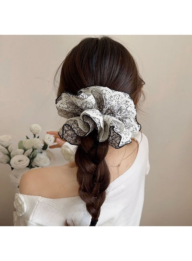 2 Pack White Floral Lace Ruffled Scrunchies, Oversized Vintage Hair Ties for Women