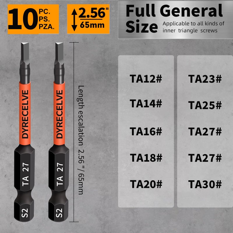 DYRECELVE 10-Pack Triangle Screwdriver Set - Premium S2 Steel Triangle Bit Set (2.56" Long Magnetic Head) 1/4 Hex-Shank, Sizes: TA12, TA14, TA16, TA18, TA20, TA23, TA25, TA27 (x2), TA30, Professional & DIY Use - Image 4