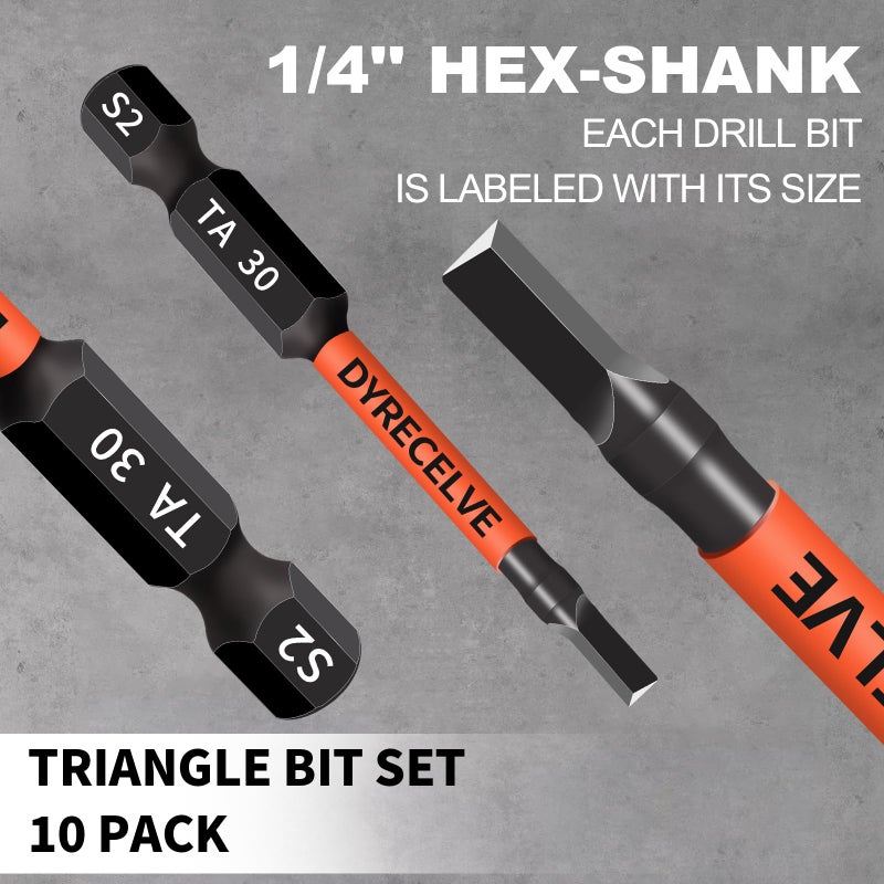 DYRECELVE 10-Pack Triangle Screwdriver Set - Premium S2 Steel Triangle Bit Set (2.56" Long Magnetic Head) 1/4 Hex-Shank, Sizes: TA12, TA14, TA16, TA18, TA20, TA23, TA25, TA27 (x2), TA30, Professional & DIY Use - Image 5