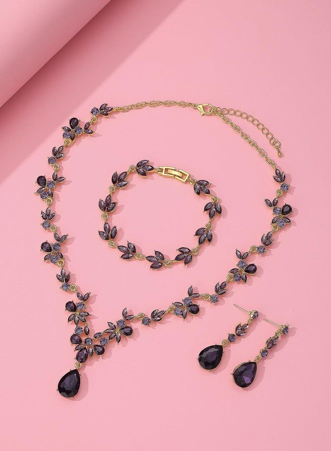 Paxuan Bridal Wedding Elegant Floral Jewelry Set for Women/Brides/Bridesmaids Crystal Jewelry Set for Wedding Prom Party Bridal Crystal Necklace Earrings Bracelet Set - Image 5