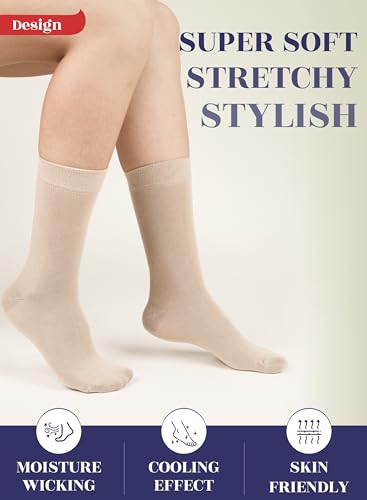 Hugh Ugoli Womens Rayon derived from Bamboo Dress Socks, Crew Soft Thin Calf Socks for Business, Trouser & Casual, Beige, 3 Pairs, Shoe Size: 6-9 - Image 3