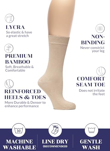 Hugh Ugoli Womens Rayon derived from Bamboo Dress Socks, Crew Soft Thin Calf Socks for Business, Trouser & Casual, Beige, 3 Pairs, Shoe Size: 6-9 - Image 2