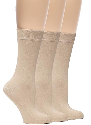 Hugh Ugoli Womens Rayon derived from Bamboo Dress Socks, Crew Soft Thin Calf Socks for Business, Trouser & Casual, Beige, 3 Pairs, Shoe Size: 6-9 - Image 1