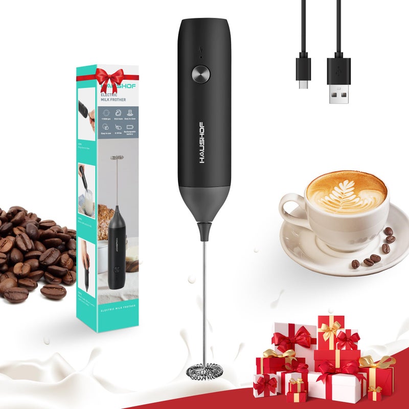 HAUSHOF Powerful Rechargeable Milk Frother Wand Handheld Electric Foam Maker Drink Mixer with Detachable Stainless Steel Whisk for Coffee Latte Cappuccino Matcha No Stand Black