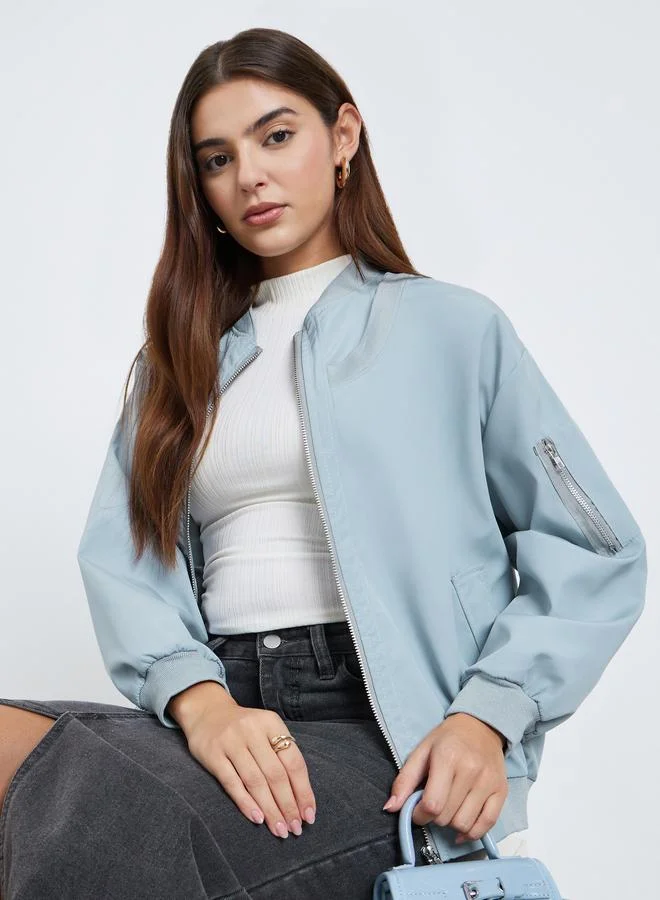 Styli Blue Bomber Jacket with Full Zip