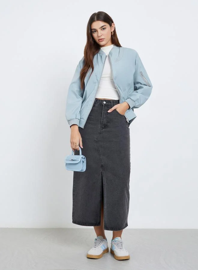 Styli Styli Blue Bomber Jacket with Full Zip