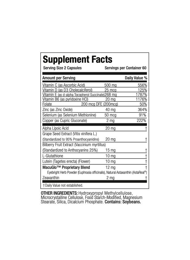 EyeScience Macular Health Beyond AREDS2 Formula, Advanced Ocular Vitamin - Containing Lutein, Zeaxanthin, Bilberry, and Vitamins C, D, E, and B6 (60 Day Supply)