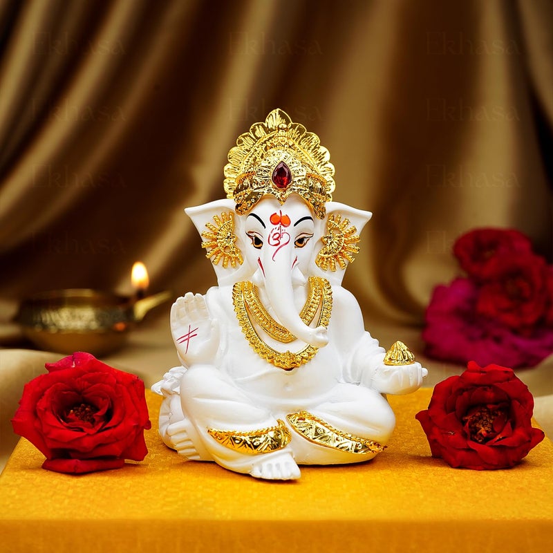 Ekhasa Ganesh Idol for Car Dashboard Ganpati Idol for Cars Vinayak Idols for Car Dashboard Home Decor Ganapathi Idol for Home Vinayagar Statue Ganpati ji for Office Desk White - Image 1