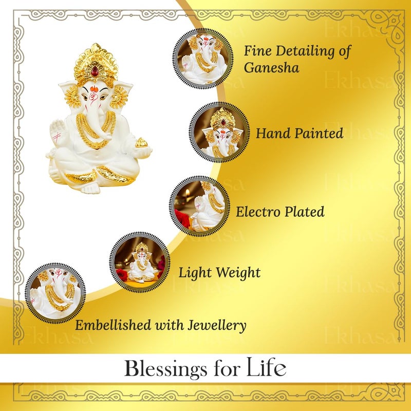 Ekhasa Ganesh Idol for Car Dashboard Ganpati Idol for Cars Vinayak Idols for Car Dashboard Home Decor Ganapathi Idol for Home Vinayagar Statue Ganpati ji for Office Desk White - Image 2