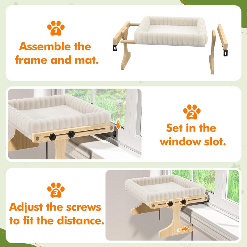 XiaZ Cat Perch for Window XiaZ Cats Hammock Indoor Cat Bed for Window Adjustable Wooden Frame W/Soft Warm Plush-Lined Cushion Perfect for Bird Watching Sunbathing Space-Saving Easy Install Single Layer - Image 4