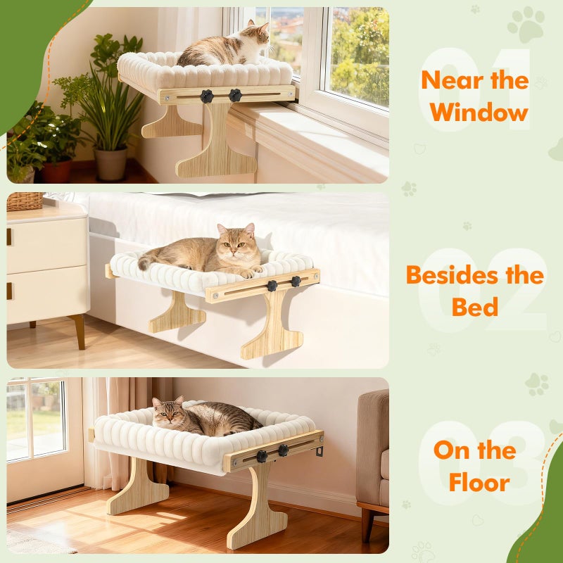 XiaZ Cat Perch for Window XiaZ Cats Hammock Indoor Cat Bed for Window Adjustable Wooden Frame W/Soft Warm Plush-Lined Cushion Perfect for Bird Watching Sunbathing Space-Saving Easy Install Single Layer - Image 3