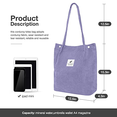 LHMTQVK Corduroy Tote Bags for Women, Large Capacity Women's Shoulder Purses for Office School Shopping Travel (Purple) - Image 2