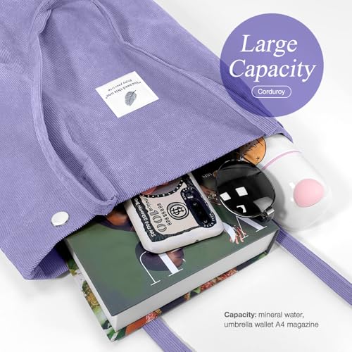 LHMTQVK Corduroy Tote Bags for Women, Large Capacity Women's Shoulder Purses for Office School Shopping Travel (Purple) - Image 3
