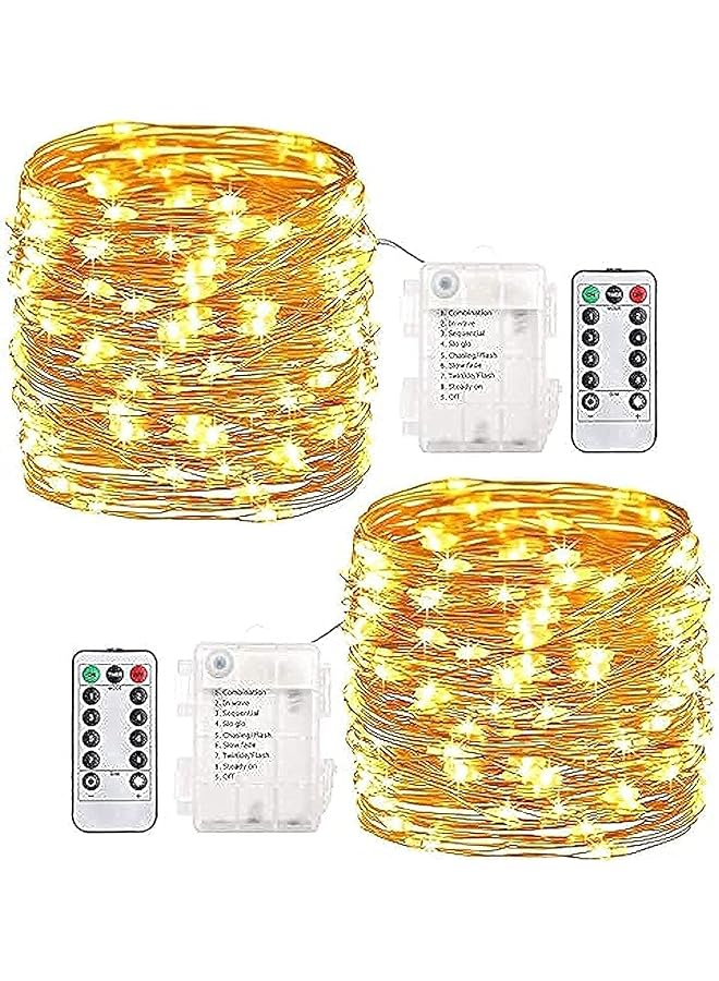 Wishlink Pack of 2Pcs 33ft 100 LEDs Outdoor String Lights Battery Operated Fairy Lights 8 Mode Waterproof Copper Wire Lights for Bedroom, Garden, Easter, Xmax Decoration (Warm White) - Image 1