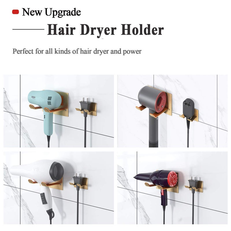 XIGOO Adhesive Hair Dryer Holder - Stick on Wall or Wall Mount Bathroom Hair Blow Dryer Rack Organizer Compatible with Supersonic Hair Dryers (Gold) - Image 2
