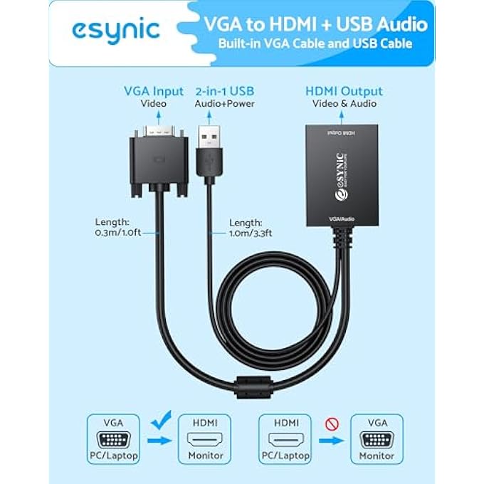 eSynic VGA TO HDMI ADAPTER 1080P CONVERTER SUITABLE FOR COMPUTERS, DESKTOPS, LAPTOPS, PCS, MONITORS, PROJECTORS, HDTVS AND OTHER DEVICES (1 METRE) - Image 2
