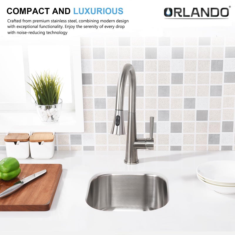 ORLANDO 13x13 inch Undermount Bar Sink, 18-Gauge Stainless Steel Single Bowl Small Kitchen Sink with Basket Strainer - Image 3