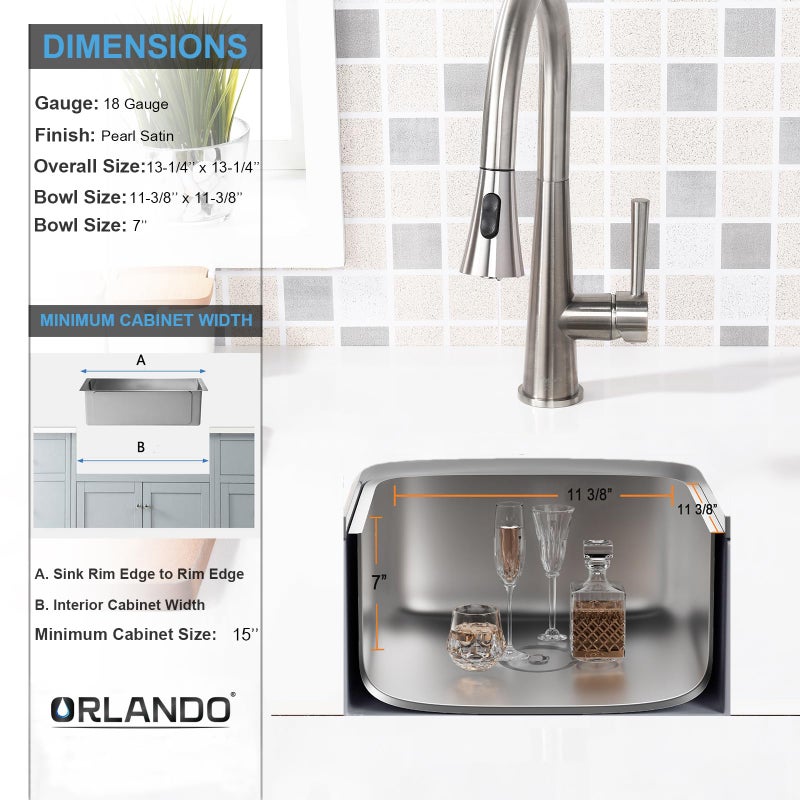 ORLANDO 13x13 inch Undermount Bar Sink, 18-Gauge Stainless Steel Single Bowl Small Kitchen Sink with Basket Strainer - Image 5