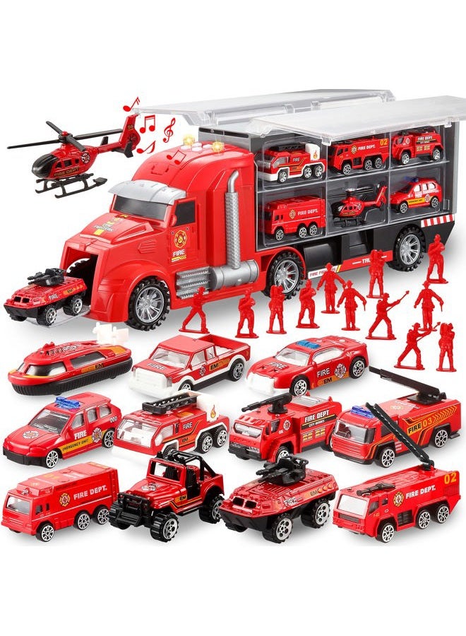 Joyin 25 In 1 Die-Cast Fire Truck Vehicle Toy Set With Sounds And Lights, Engine Vehicles Carrier Truck, Mini Rescue Emergency Car Toy, Birthday Gifts For Over 3 Years Old Boys - Image 1