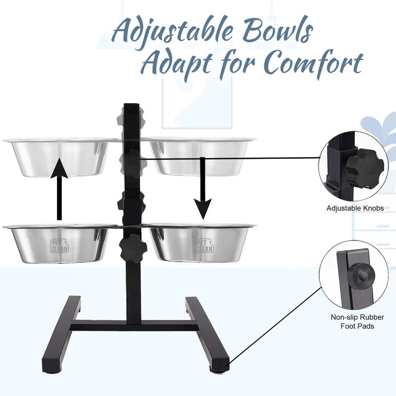 Pet Clean Adjustable Dog Food Bowl with Stand, H-Base Elevated Dog Bowl Stand with 2 Removable Stainless Steel Bowls, 2 X 1500 ml - Image 5