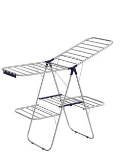 SONGMICS Clothes Drying Rack, Foldable 2-Level Laundry Drying Rack, Free-Standing Large Drying Rack, with Height-Adjustable Wings, 33 Drying Rails, Sock Clips, Silver and Blue ULLR53BU