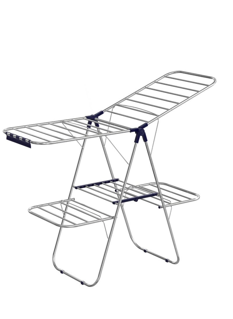 SONGMICS SONGMICS Clothes Drying Rack, Foldable 2-Level Laundry Drying Rack, Free-Standing Large Drying Rack, with Height-Adjustable Wings, 33 Drying Rails, Sock Clips, Silver and Blue ULLR53BU  - Image 1