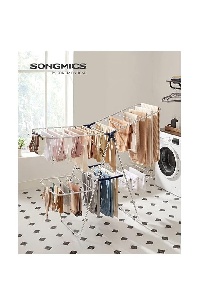 SONGMICS SONGMICS Clothes Drying Rack, Foldable 2-Level Laundry Drying Rack, Free-Standing Large Drying Rack, with Height-Adjustable Wings, 33 Drying Rails, Sock Clips, Silver and Blue ULLR53BU  - Image 3